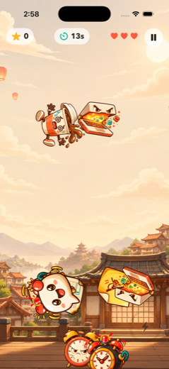 Stress Ninja gameplay with alarm clocks, a laptop and coffee cups in flight