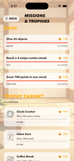 The in-game Missions & Trophies screen showing the trophy cabinet with Clock Crusher, Inbox Zero and Coffee Break trophies